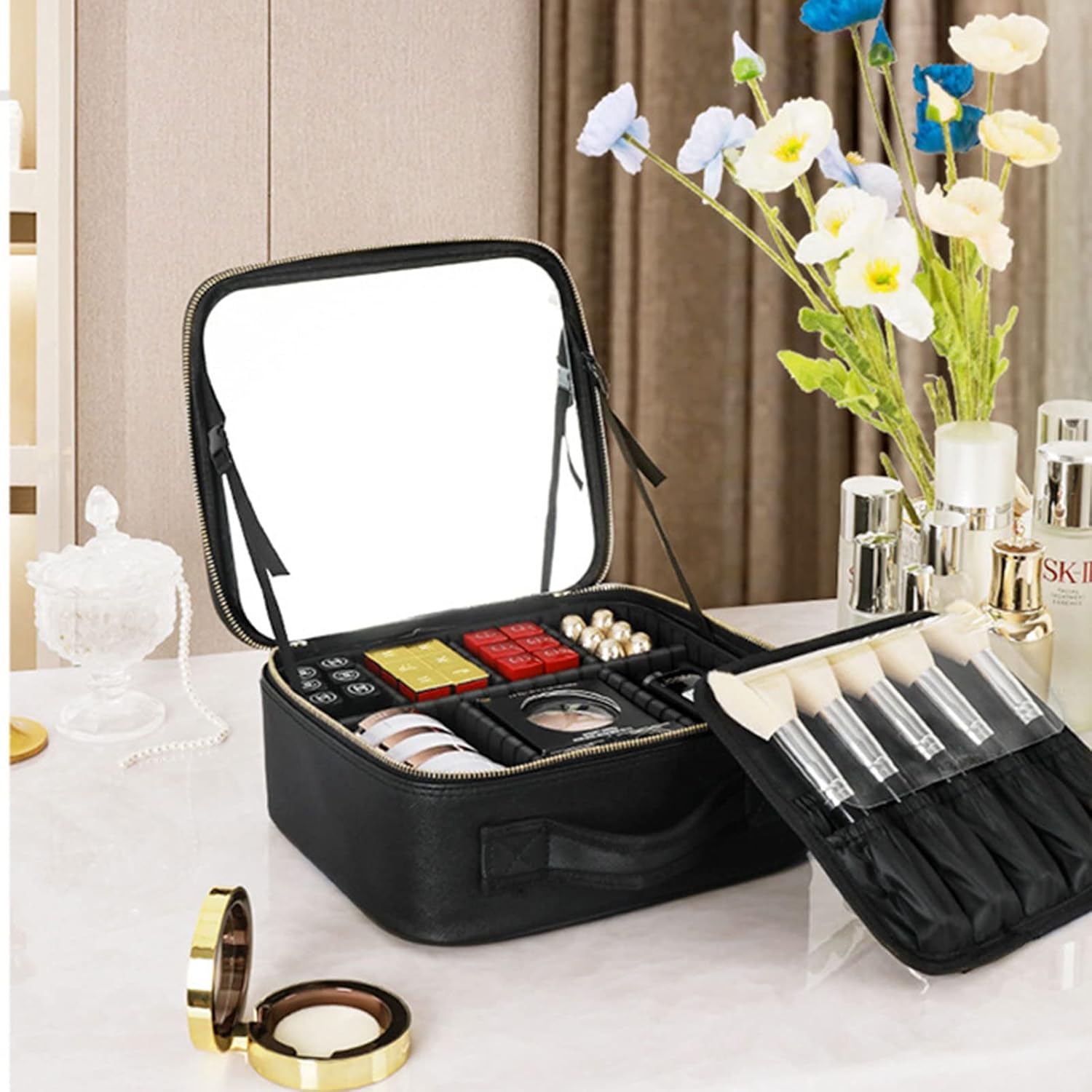 Trousse de maquillage portable pour femme avec miroir