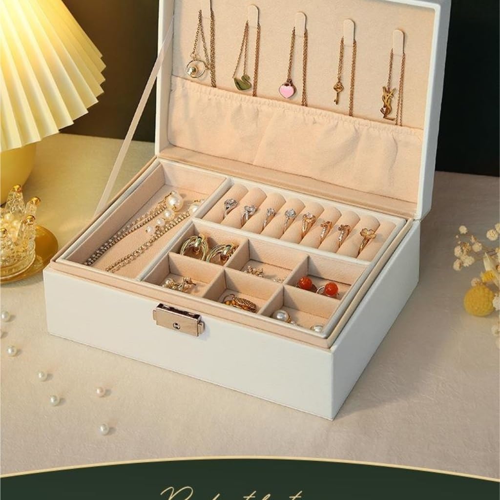 صندوق مجوهرات مزدوج الطبقات من الجلد مع قفل